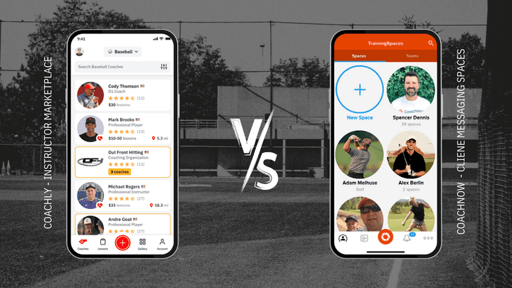 Compares the two different types of products, with Coachly, the full-stack instructional marketplace for both coaches and athletes, on the left, and CoachNow, the supplementary coaching communication tool, on the right.