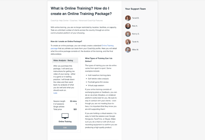 Shows the actual CoachUp official help documents recommending that coaches string together different types of software to conduct their online private lessons.