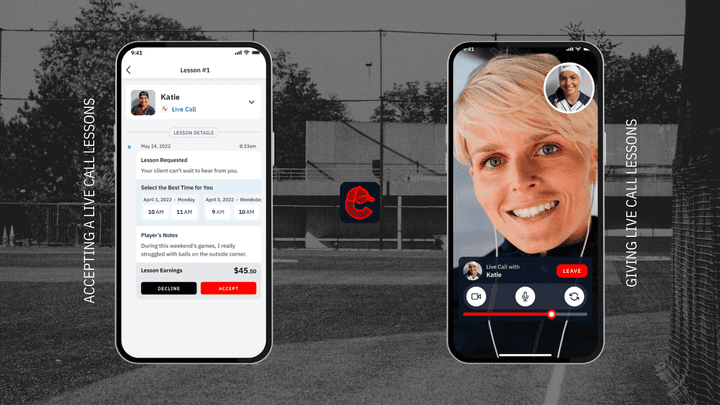 Shows one of the many lesson types coaches can offer through the Coachly app. The coach’s side view of automated live video call scheduling is on the left and conducting a Live Call Lesson with a sample student is on the right.