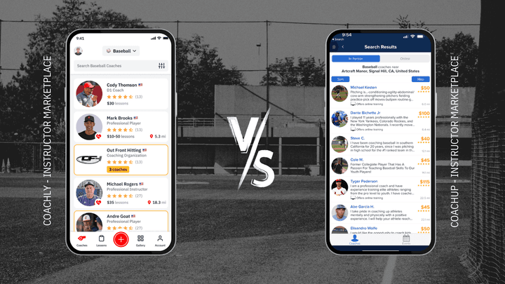 Show how finding a coach looks for parents and athletes in each app, with Coachly on the left and CoachUp on the right.