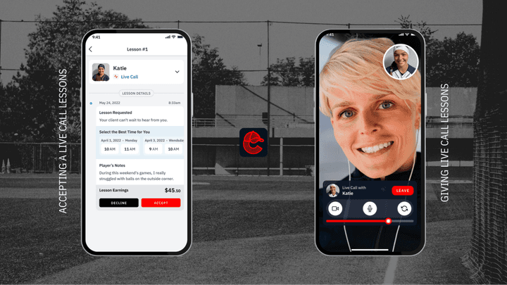 Shows one of the many lesson types coaches can only offer through the Coachly app. The coach’s side view of automated live video call scheduling is on the left and conducting a Live Call Lesson with a sample student is on the right.